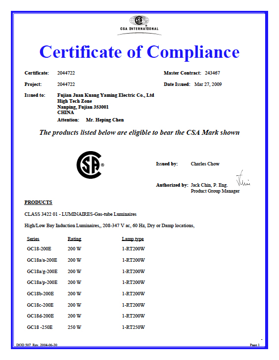 LIGHT WORLD CSA Certification