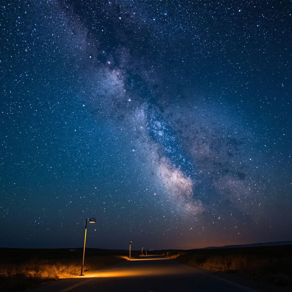 Dark sky friendly street lighting with low light pollution preserving the night sky while improving pedestrian safety